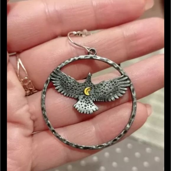 Bronze eagle flying moon star hoop boho goth earrings new - Picture 4 of 5
